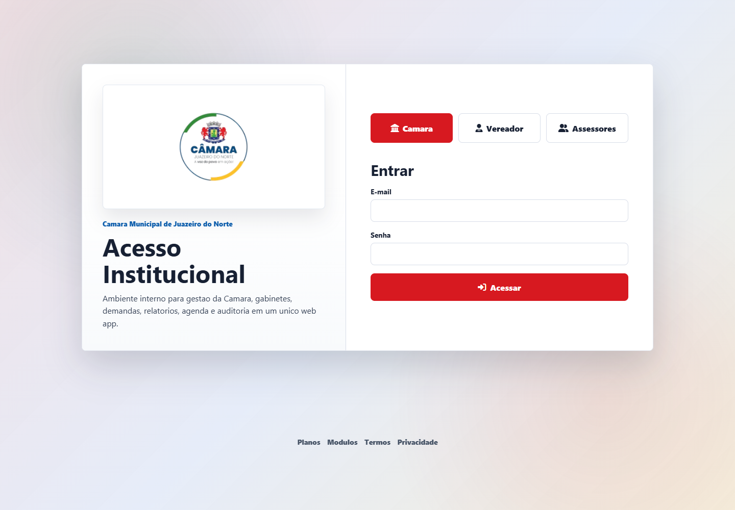 Tela de acesso do sistema para câmara municipal