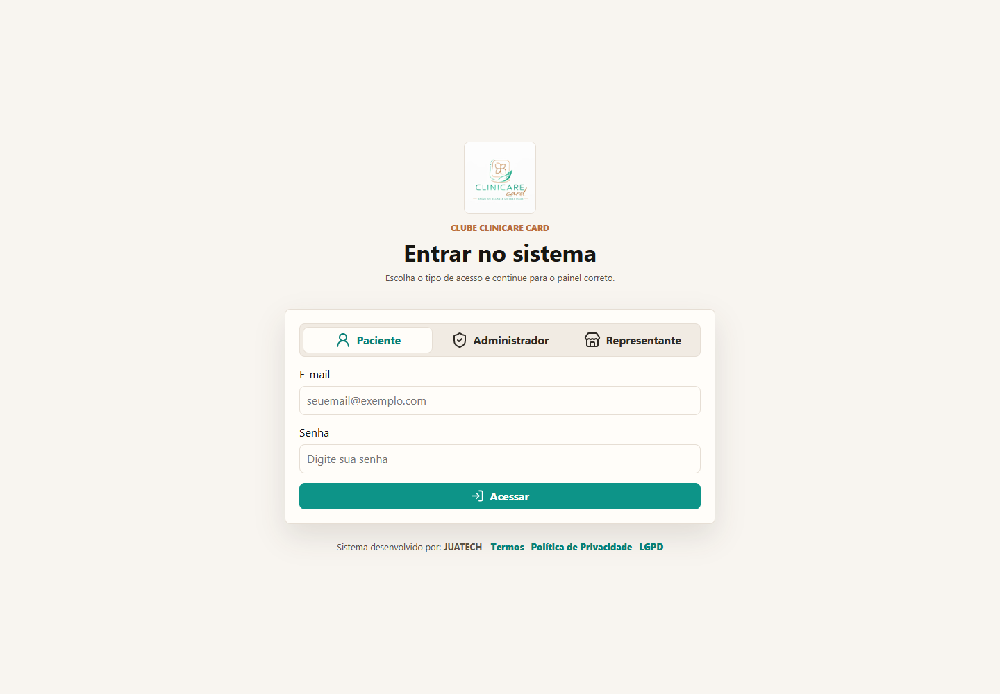 Tela de login do CliniCare Card